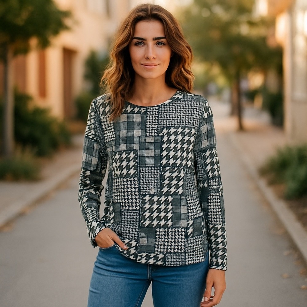d‎ & co Womens Houndstooth Plaid Patchwork Long Sleeve Top Size L